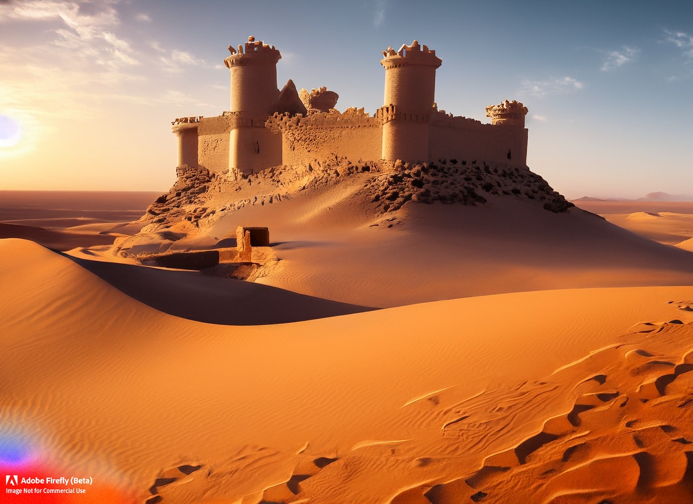 Firefly_Castle+in the middle of the desert sunset rolling sands_photo,wide_angle_27993